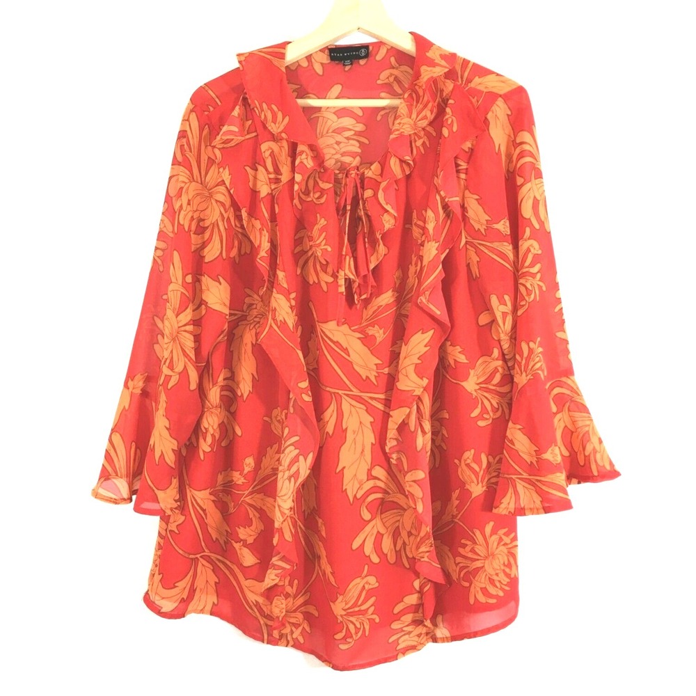 Ryan Wythe Blouse Women's 14W Floral Ruffle Collar Orange Flowy Boho Flare‎ Slvs